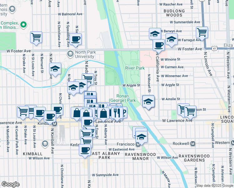 map of restaurants, bars, coffee shops, grocery stores, and more near 4940 North Whipple Street in Chicago