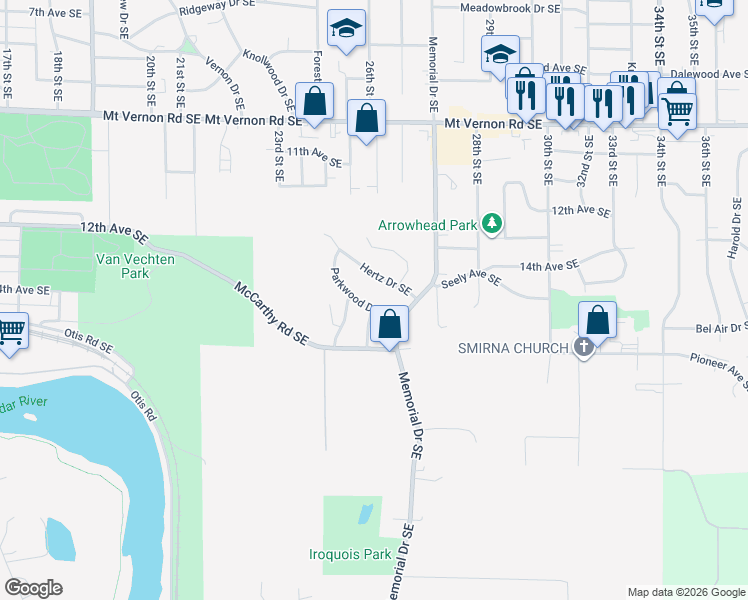 map of restaurants, bars, coffee shops, grocery stores, and more near 1363 Hertz Drive Southeast in Cedar Rapids