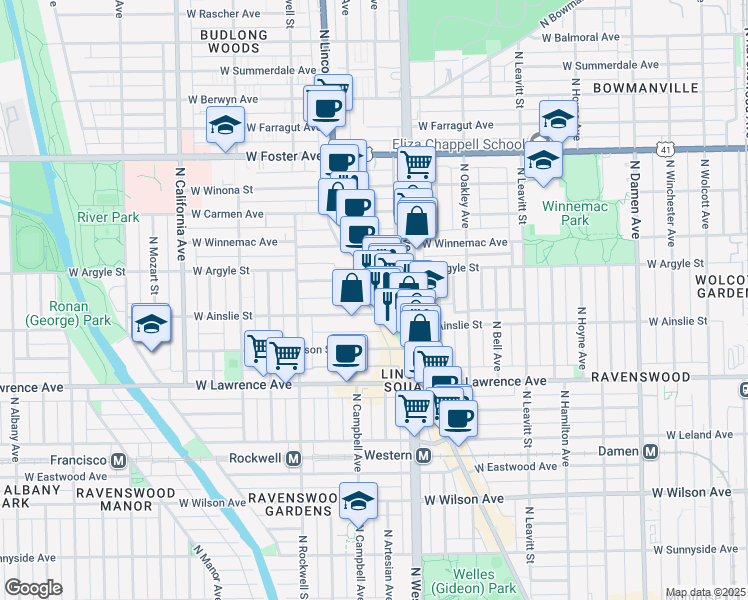 map of restaurants, bars, coffee shops, grocery stores, and more near 4923 North Lincoln Avenue in Chicago