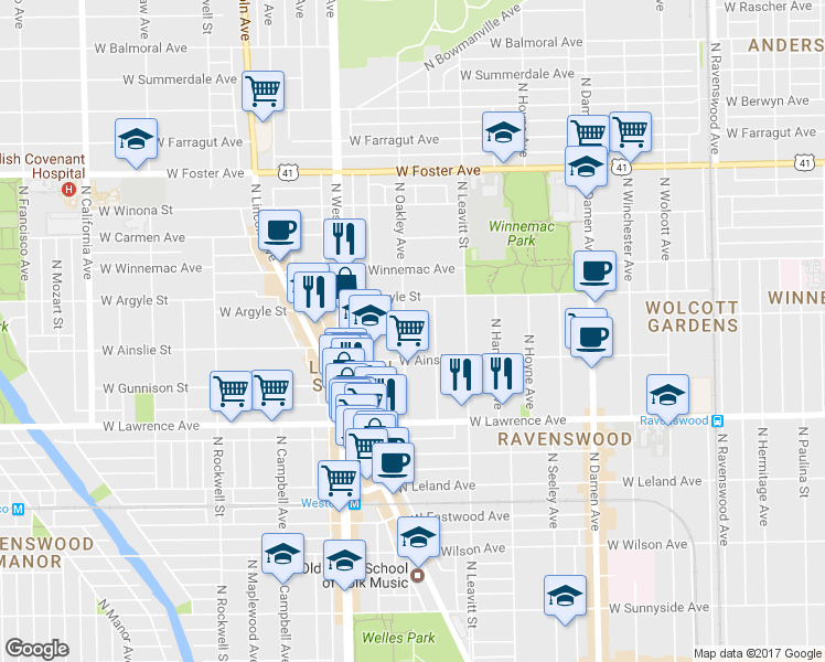map of restaurants, bars, coffee shops, grocery stores, and more near 4925 North Oakley Avenue in Chicago