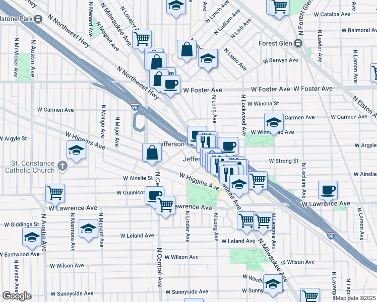 map of restaurants, bars, coffee shops, grocery stores, and more near 5457 West Edmunds Street in Chicago