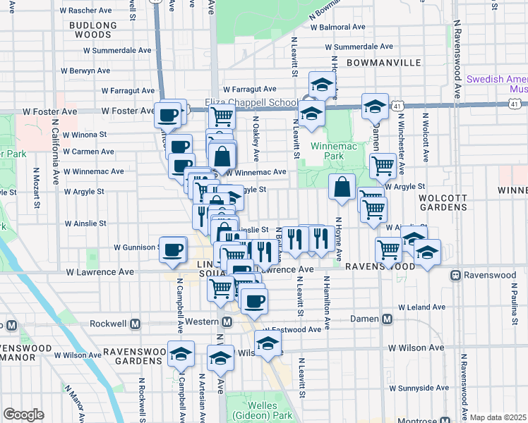 map of restaurants, bars, coffee shops, grocery stores, and more near 4925 North Oakley Avenue in Chicago