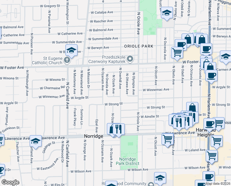 map of restaurants, bars, coffee shops, grocery stores, and more near 5016 North Ozark Avenue in Norridge