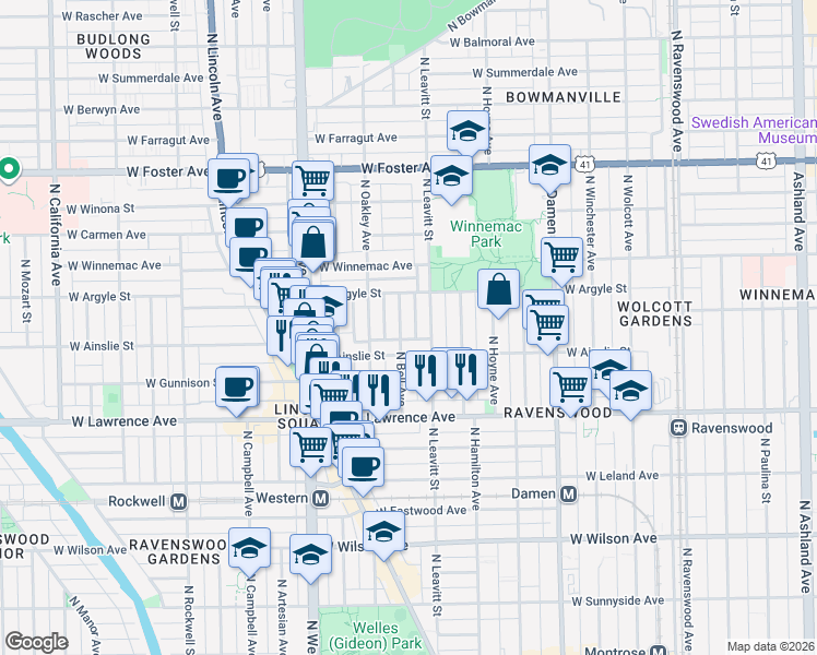 map of restaurants, bars, coffee shops, grocery stores, and more near 4932 North Bell Avenue in Chicago