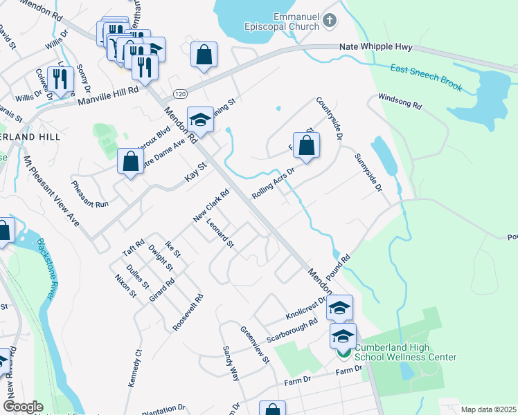 map of restaurants, bars, coffee shops, grocery stores, and more near 1 Rolling Acres Drive in Cumberland