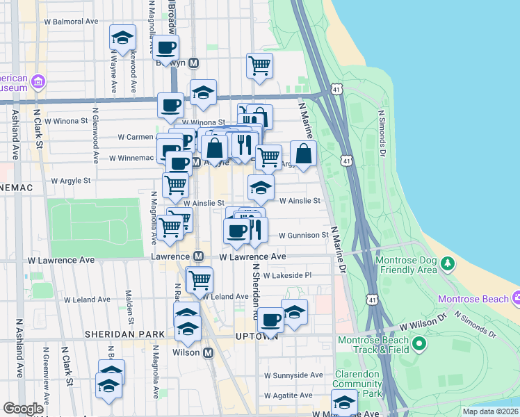 map of restaurants, bars, coffee shops, grocery stores, and more near 943 West Ainslie Street in Chicago