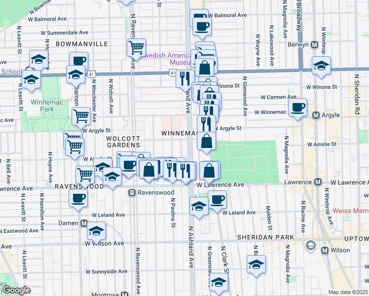 map of restaurants, bars, coffee shops, grocery stores, and more near 4891 North Paulina Street in Chicago
