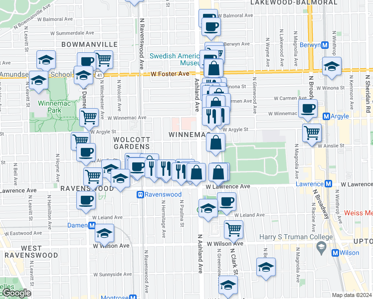 map of restaurants, bars, coffee shops, grocery stores, and more near 4891 North Paulina Street in Chicago