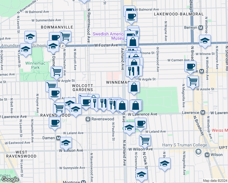 map of restaurants, bars, coffee shops, grocery stores, and more near 4891 North Paulina Street in Chicago