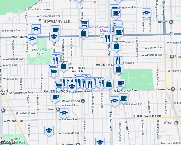 map of restaurants, bars, coffee shops, grocery stores, and more near 1763 West Ainslie Street in Chicago
