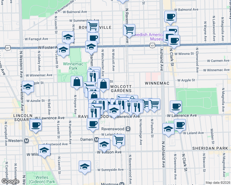 map of restaurants, bars, coffee shops, grocery stores, and more near 4926 North Wolcott Avenue in Chicago