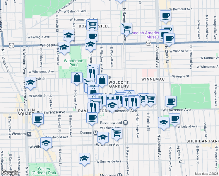 map of restaurants, bars, coffee shops, grocery stores, and more near 4926 North Wolcott Avenue in Chicago