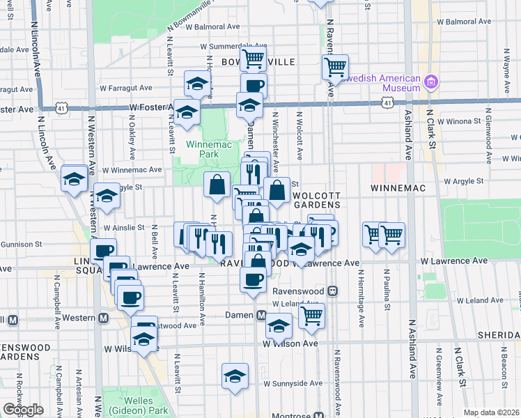 map of restaurants, bars, coffee shops, grocery stores, and more near 4928 North Damen Avenue in Chicago