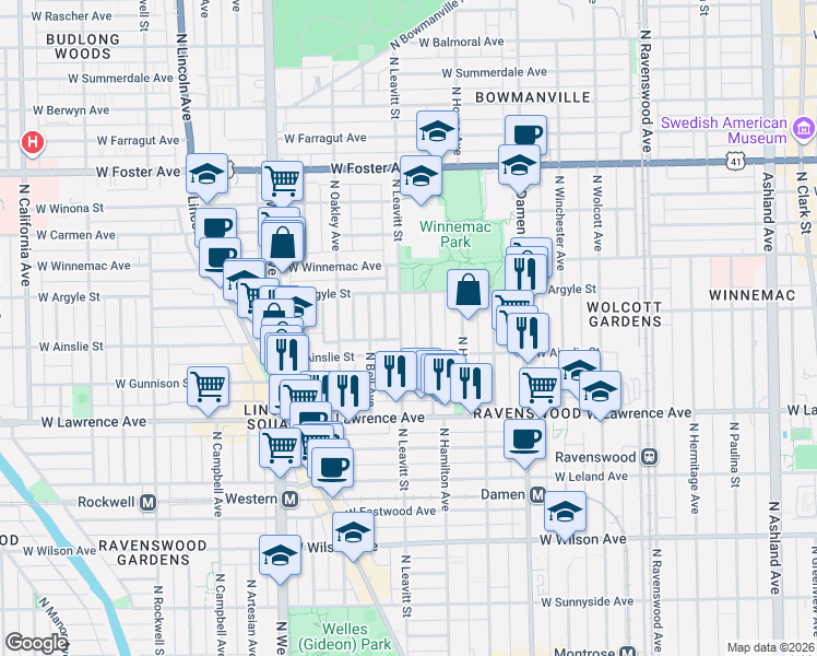 map of restaurants, bars, coffee shops, grocery stores, and more near 4931 North Leavitt Street in Chicago