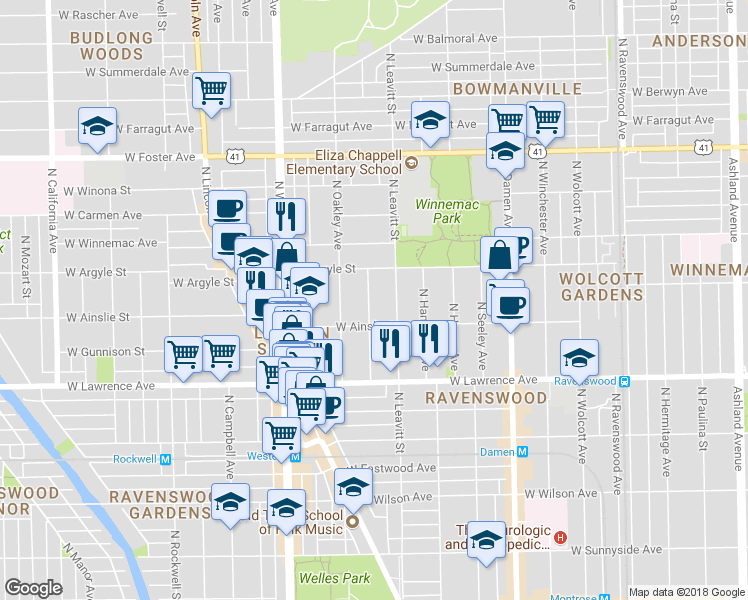 map of restaurants, bars, coffee shops, grocery stores, and more near 4932 North Bell Avenue in Chicago