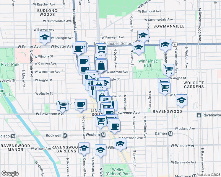 map of restaurants, bars, coffee shops, grocery stores, and more near in Chicago