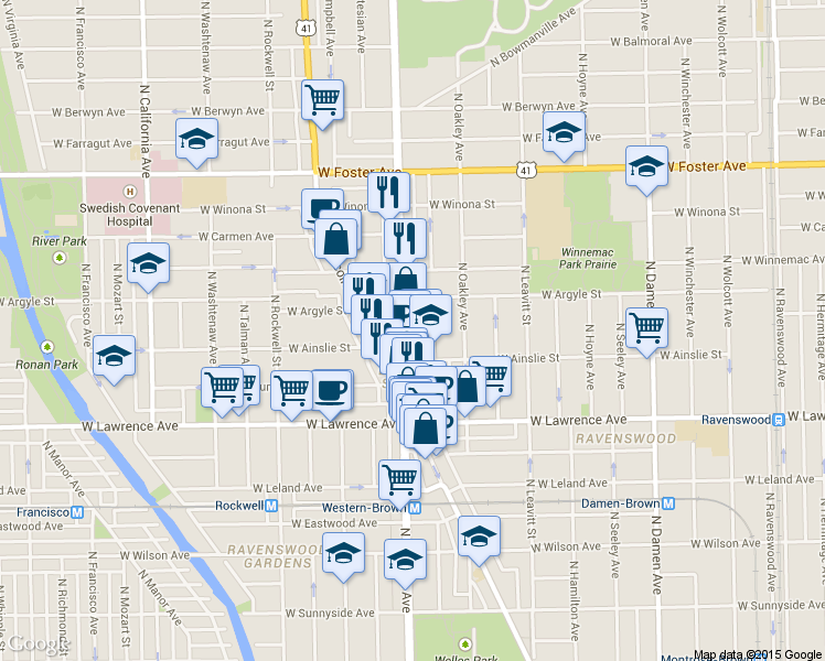 map of restaurants, bars, coffee shops, grocery stores, and more near 4935 North Western Avenue in Chicago