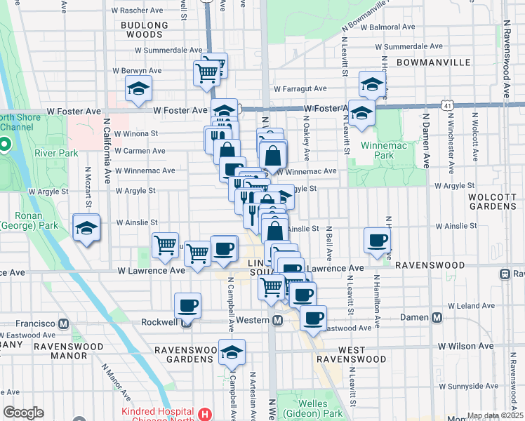map of restaurants, bars, coffee shops, grocery stores, and more near 4923 North Lincoln Avenue in Chicago