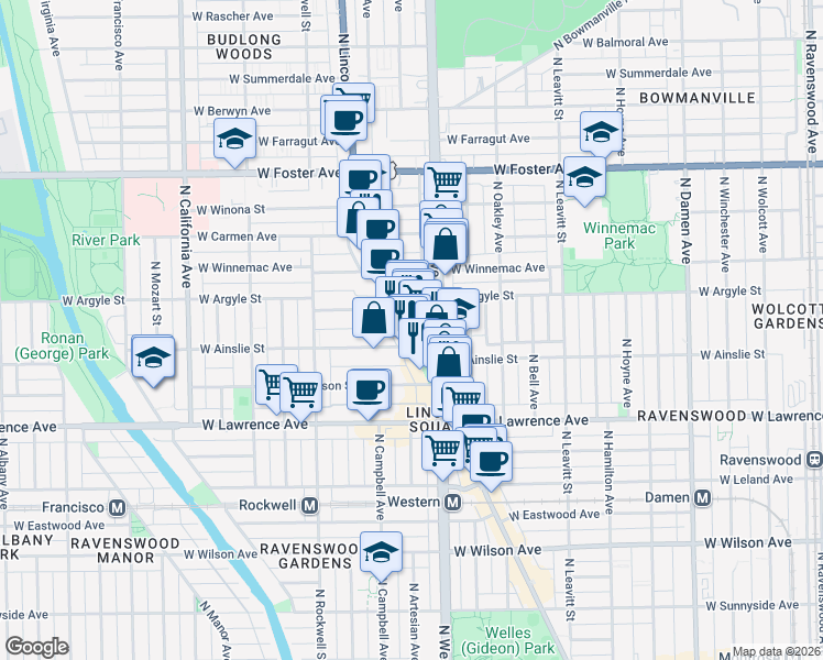 map of restaurants, bars, coffee shops, grocery stores, and more near 4923 North Lincoln Avenue in Chicago