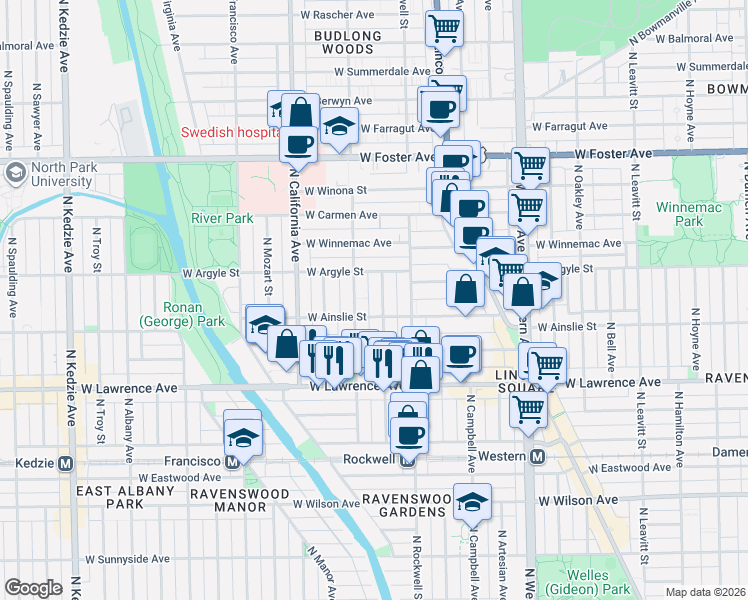 map of restaurants, bars, coffee shops, grocery stores, and more near 4925 North Washtenaw Avenue in Chicago