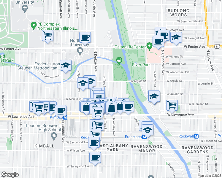 map of restaurants, bars, coffee shops, grocery stores, and more near 4940 North Albany Avenue in Chicago