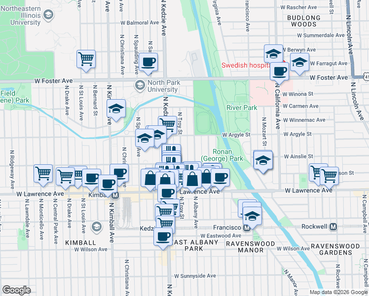 map of restaurants, bars, coffee shops, grocery stores, and more near 4940 North Albany Avenue in Chicago