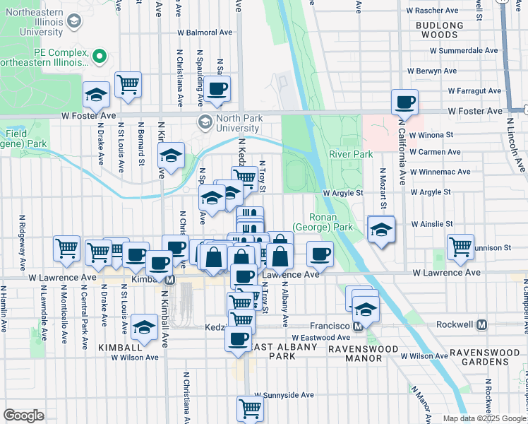 map of restaurants, bars, coffee shops, grocery stores, and more near 4941 North Kedzie Avenue in Chicago