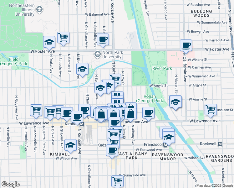 map of restaurants, bars, coffee shops, grocery stores, and more near 4941 North Kedzie Avenue in Chicago
