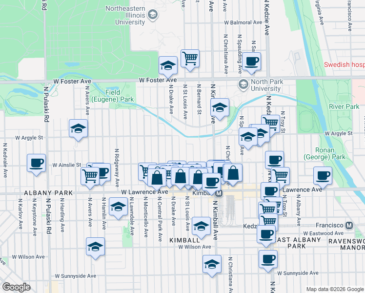 map of restaurants, bars, coffee shops, grocery stores, and more near 4941 North Saint Louis Avenue in Chicago
