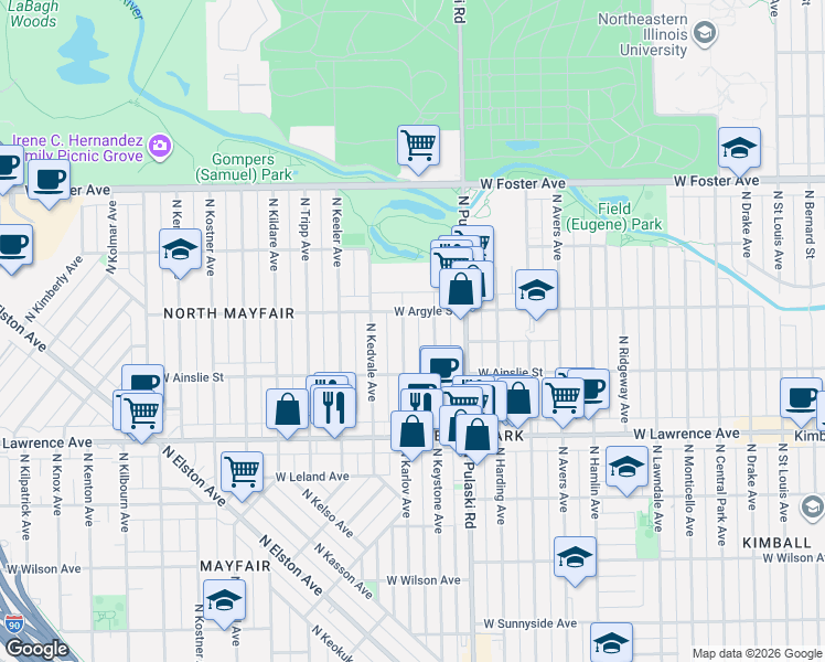 map of restaurants, bars, coffee shops, grocery stores, and more near 4949 North Karlov Avenue in Chicago