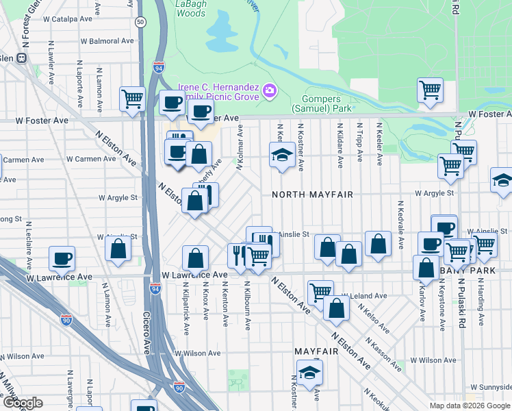 map of restaurants, bars, coffee shops, grocery stores, and more near 4960 North Kilbourn Avenue in Chicago