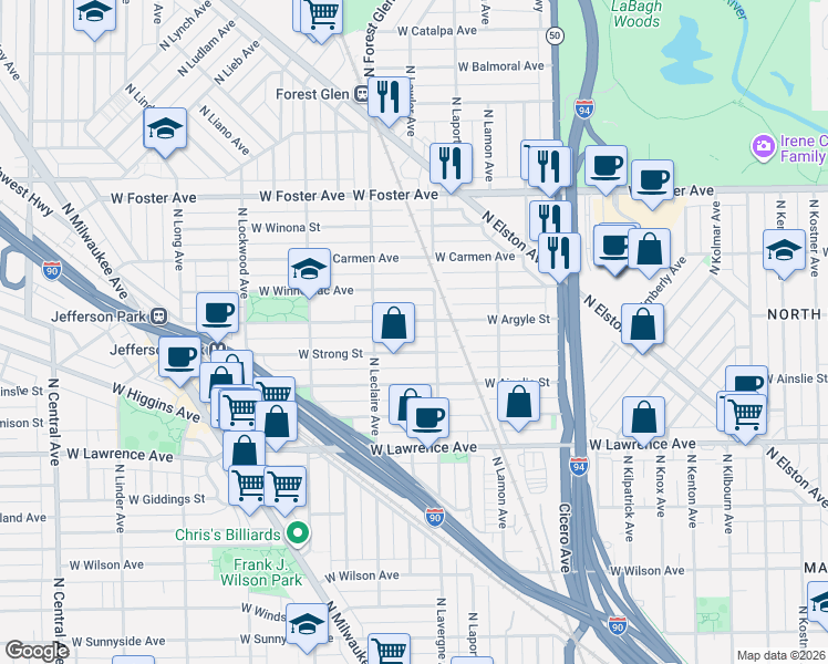 map of restaurants, bars, coffee shops, grocery stores, and more near 5007 West Argyle Street in Chicago