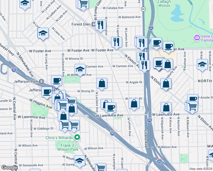 map of restaurants, bars, coffee shops, grocery stores, and more near 5007 West Argyle Street in Chicago