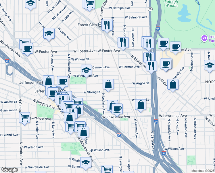 map of restaurants, bars, coffee shops, grocery stores, and more near 5043 West Argyle Street in Chicago
