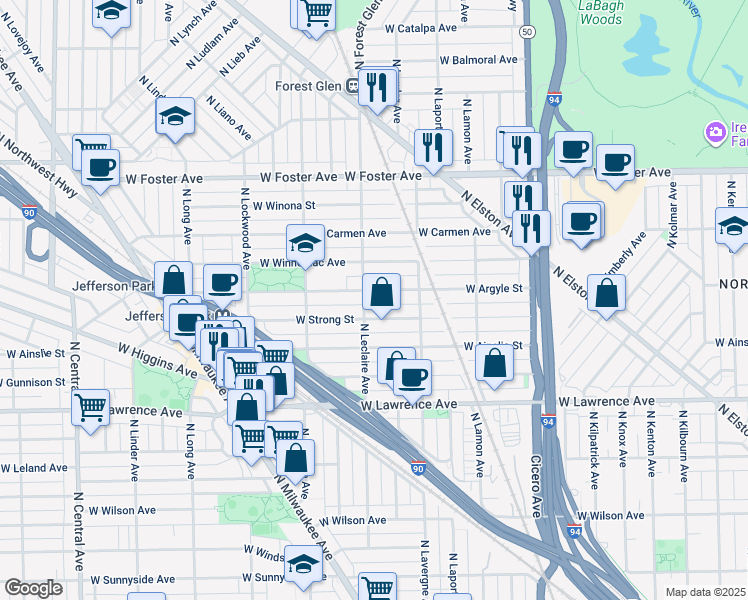 map of restaurants, bars, coffee shops, grocery stores, and more near 5043 West Argyle Street in Chicago
