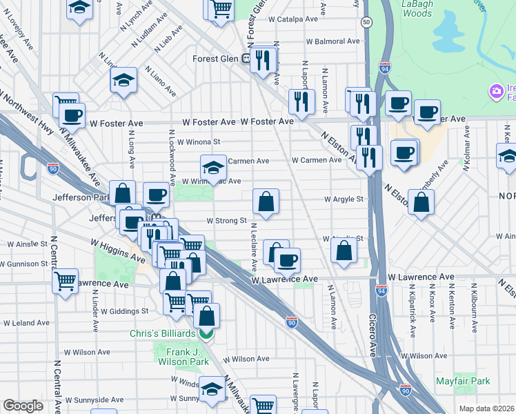 map of restaurants, bars, coffee shops, grocery stores, and more near 5043 West Argyle Street in Chicago