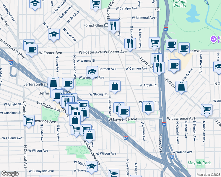 map of restaurants, bars, coffee shops, grocery stores, and more near 5043 West Argyle Street in Chicago