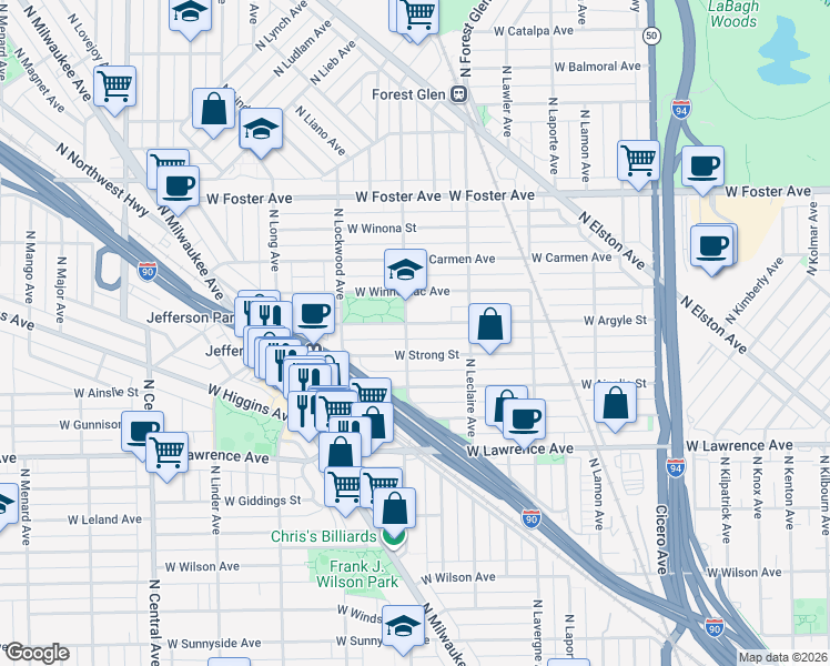 map of restaurants, bars, coffee shops, grocery stores, and more near 5201 West Argyle Street in Chicago
