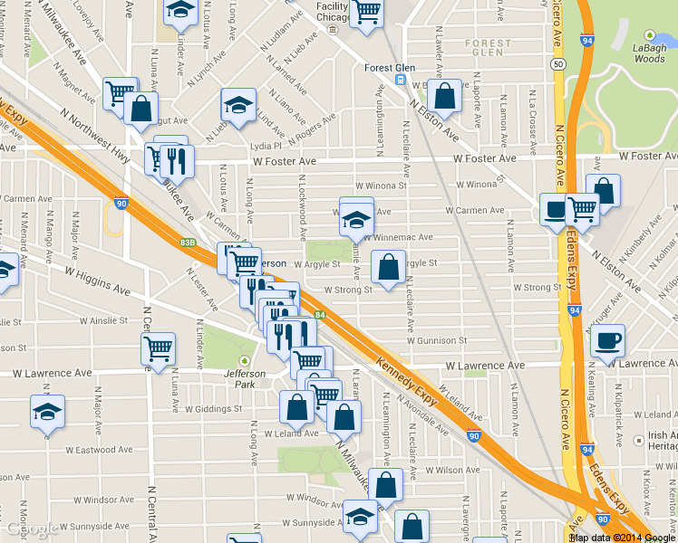 map of restaurants, bars, coffee shops, grocery stores, and more near 5231 West Argyle Street in Chicago