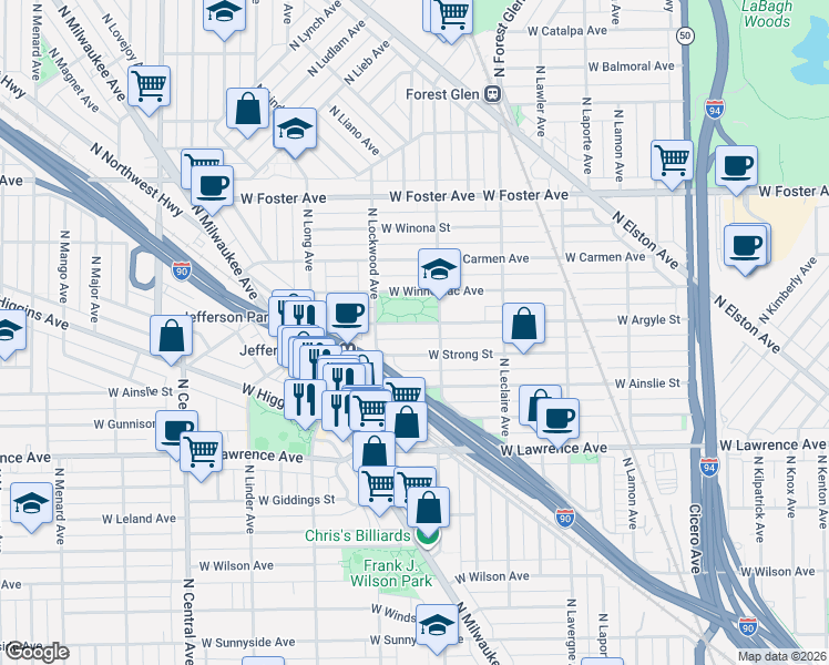 map of restaurants, bars, coffee shops, grocery stores, and more near 5231 West Argyle Street in Chicago
