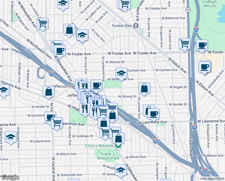 map of restaurants, bars, coffee shops, grocery stores, and more near 5231 West Argyle Street in Chicago