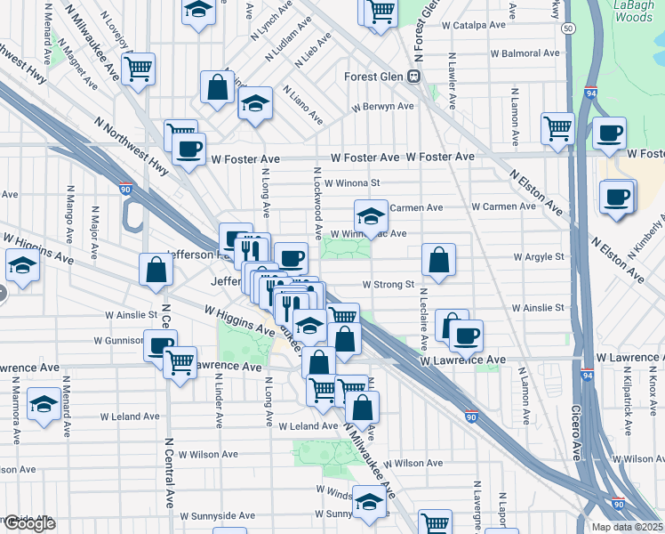 map of restaurants, bars, coffee shops, grocery stores, and more near 5231 West Argyle Street in Chicago