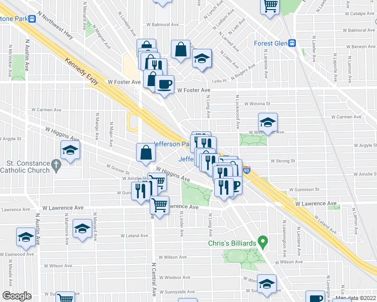 map of restaurants, bars, coffee shops, grocery stores, and more near 5457 West Edmunds Street in Chicago