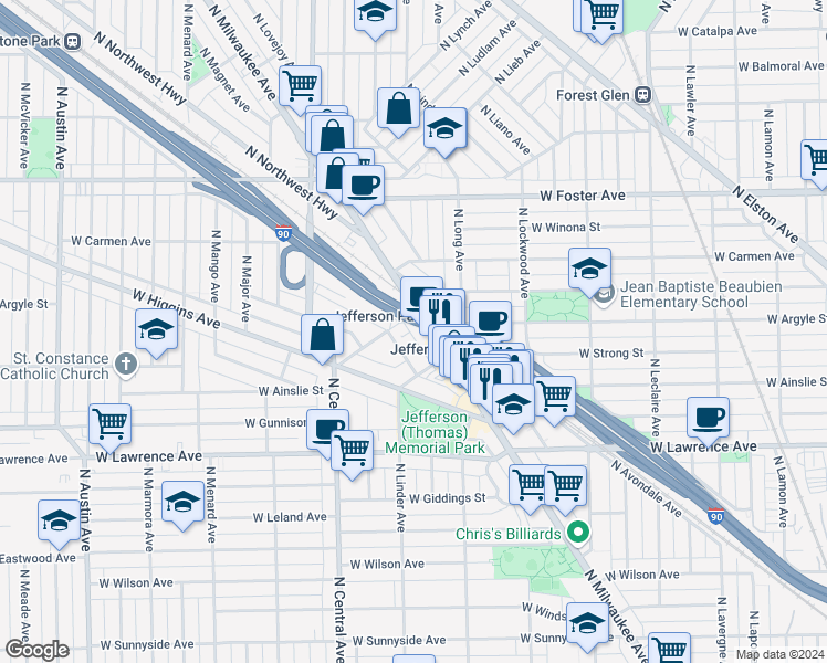 map of restaurants, bars, coffee shops, grocery stores, and more near 5457 West Edmunds Street in Chicago