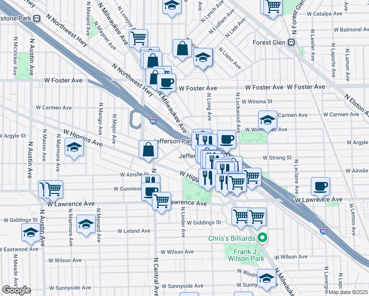 map of restaurants, bars, coffee shops, grocery stores, and more near 5457 West Edmunds Street in Chicago