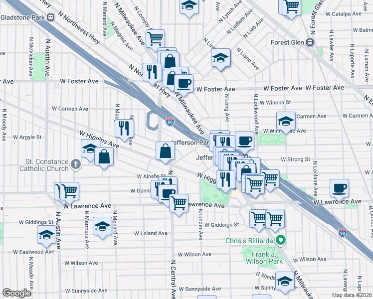 map of restaurants, bars, coffee shops, grocery stores, and more near 5616 West Goodman Street in Chicago
