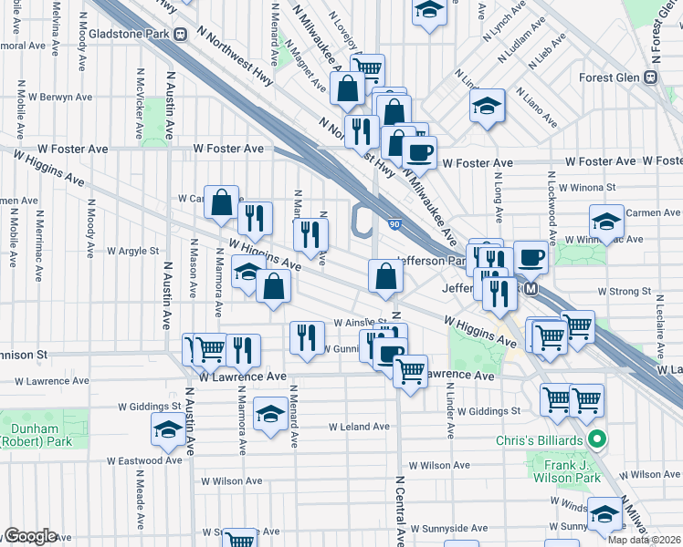 map of restaurants, bars, coffee shops, grocery stores, and more near 5685 West Goodman Street in Chicago