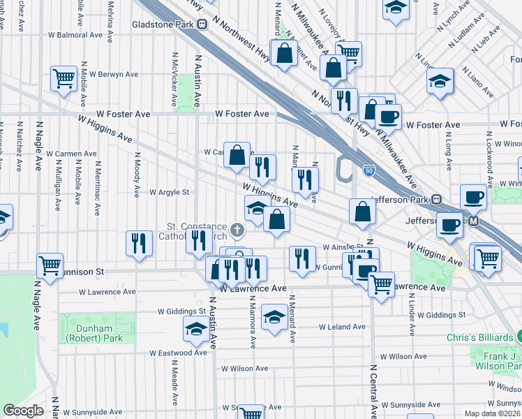 map of restaurants, bars, coffee shops, grocery stores, and more near in Chicago