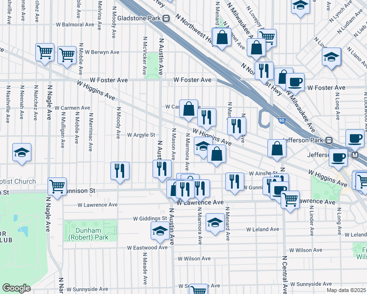 map of restaurants, bars, coffee shops, grocery stores, and more near 4943 North Marmora Avenue in Chicago