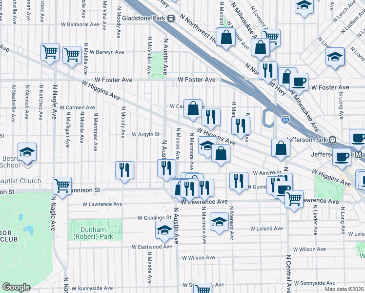 map of restaurants, bars, coffee shops, grocery stores, and more near 4939 North Mason Avenue in Chicago